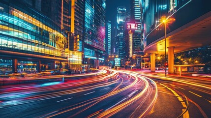 Fototapeta premium Vibrant Futuristic Urban Crossroads with Sleek High-Rise Buildings