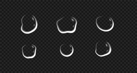 Set of realistic transparent water or gel drops. Vector illustration of condensation, dew drops isolated on transparent background