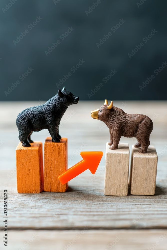 Poster a bull and bear standing on a graph with a falling arrow.