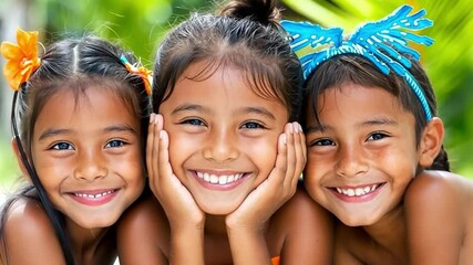 Joyful Trio: Close-up shot of three happy and smiling children of color, radiating with pure, innocent happiness and sharing a heartwarming moment.