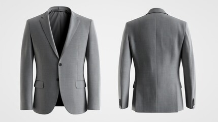 two different view (front and back) gray, textured blazer, featuring a classic two-button closure
