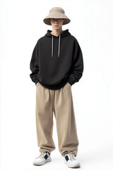 Stylish Male Model in Black Hoodie Beige Pants and Bucket Hat