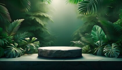 showcases a stone pedestal set within a lush, tropical jungle backdrop. Surrounded by vibrant green foliage and natural textures, the composition exudes a serene and organic ambiance.