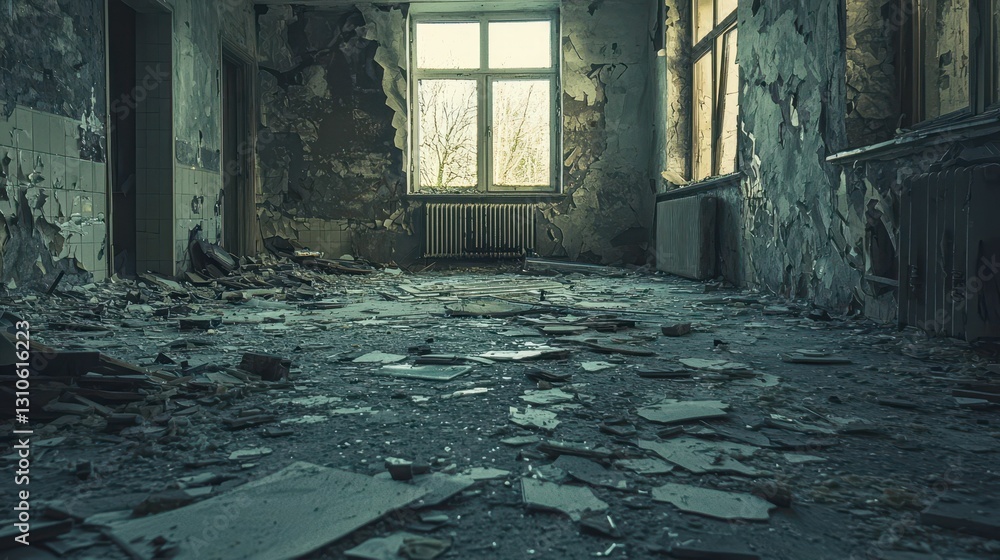Poster empty room filled with debris in a dark and grim setting