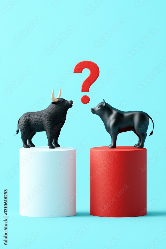 Poster a bull and bear standing on a graph with a question mark.