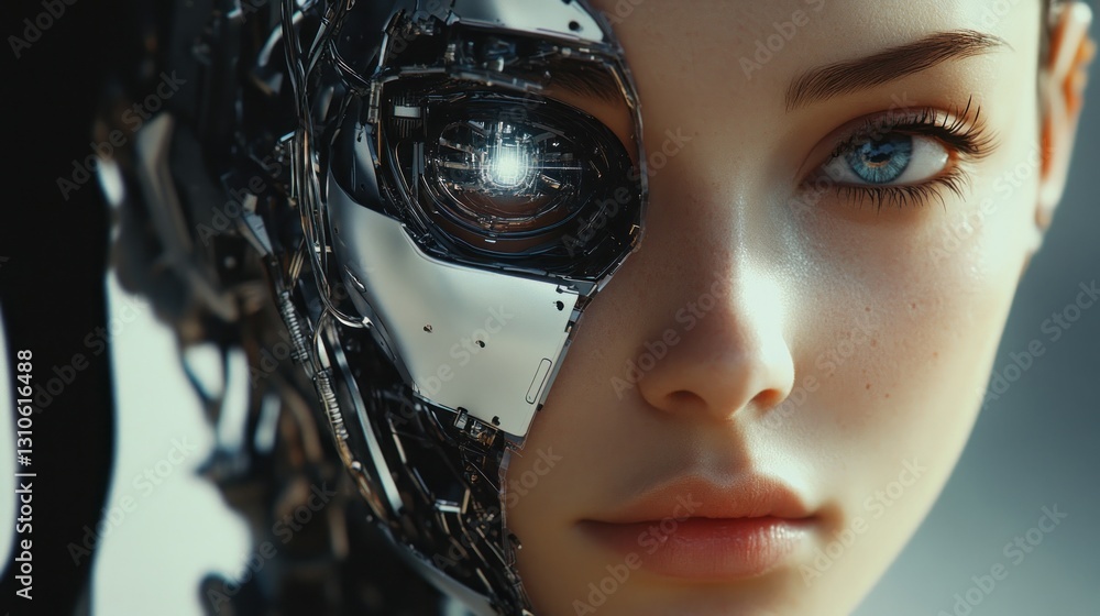 Poster close-up of a futuristic humanoid robot with intricate details