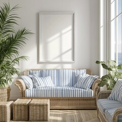 Fototapeta premium Coastal living room with wicker sofa, blank frame, and plants.