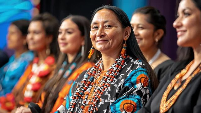 Indigenous Leader and Women: A portrait of a strong and smiling Indigenous woman, adorned with traditional jewelry and clothing, surrounded by other women, showcasing strength, culture.