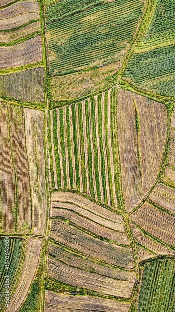 Poster aerial view of intricate patterns on agricultural fields from above