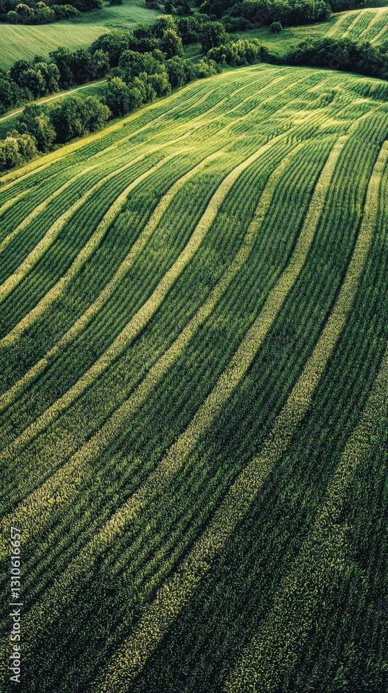 Poster aerial view of lush green wheat fields with curved patterns