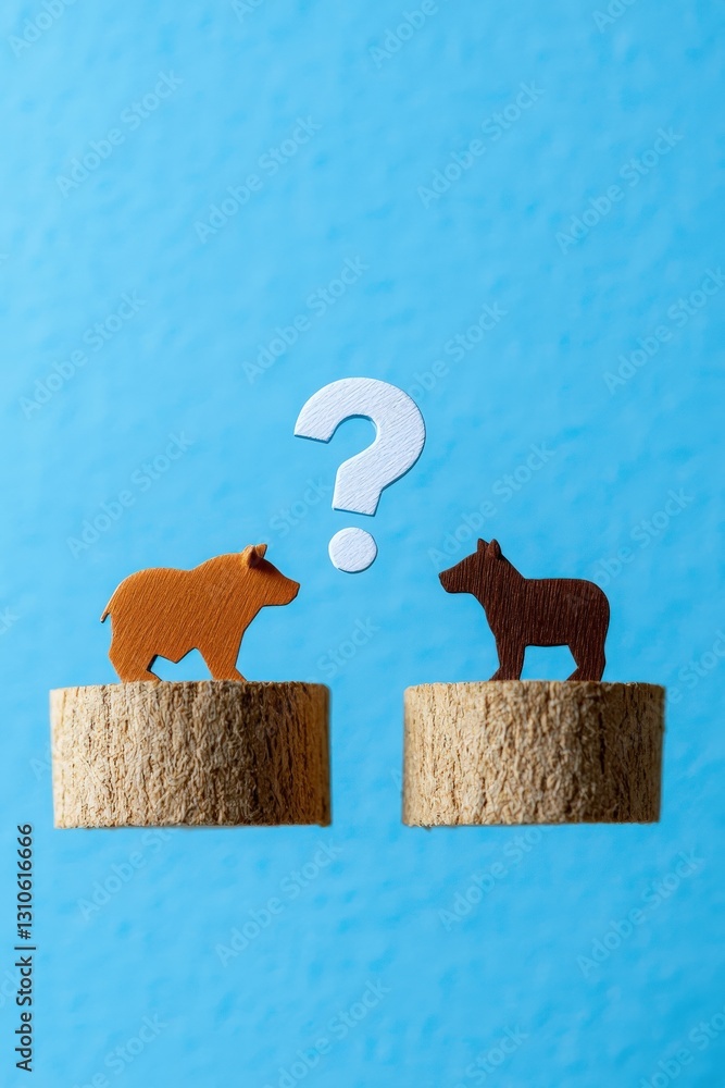 Poster a bull and bear standing on a graph with a question mark.