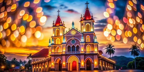Obraz premium Madre De Deus Church, Thiruvananthapuram, Kerala: Bokeh Evening Lights, Catholic Architecture