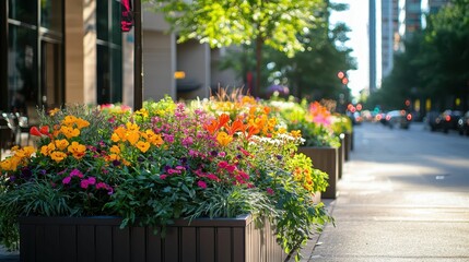 Fototapeta premium Vibrant Urban Garden Blocks in Busy City Street Setting