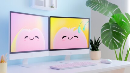 Cute Character on Dual Monitors with Bright Background and Plants