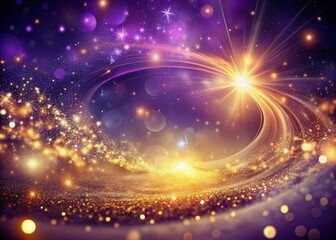 Obraz premium Magical Fantasy Background: Purple Gold Swirling Sparkles & Ethereal Light, Copy Space Left
