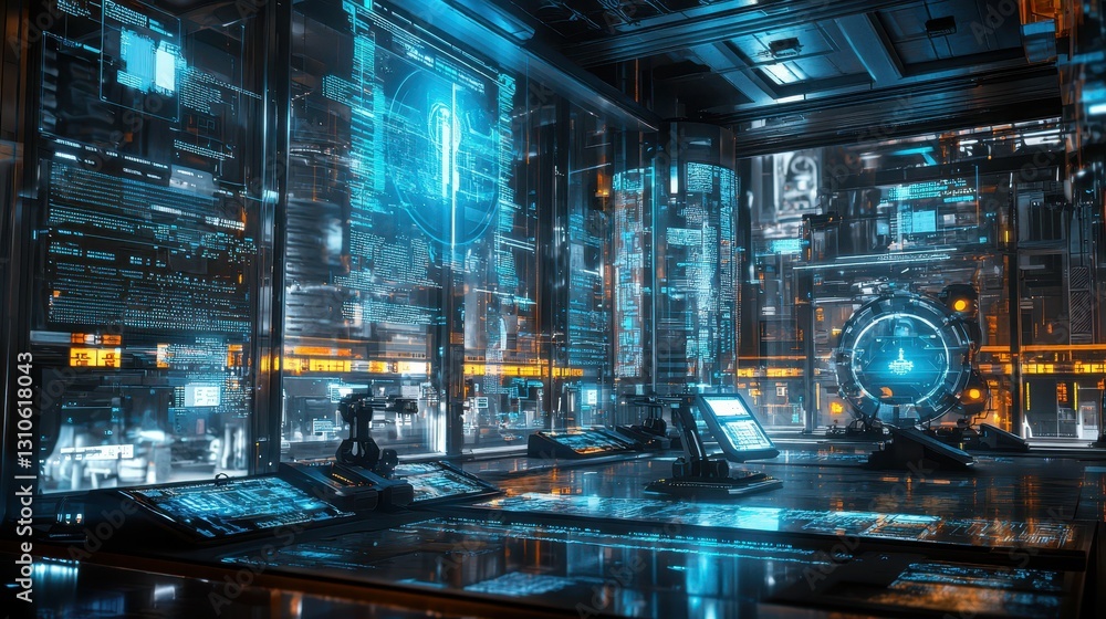 Poster high-tech distribution center with robotic systems and digital interfaces