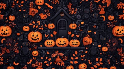 Mysterious Halloween Background Featuring Pumpkins and Bats in Moonlight