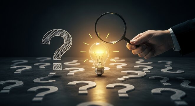 Light Bulb Moment in a Sea of Questions Fuels Curiosity and Discovery, Innovation and Problem Solving Concept, creative solutions, insight, process of finding answers to complex problems