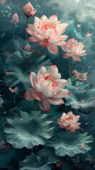 Traditional Chinese jade lotus landscape painting illustration poster background