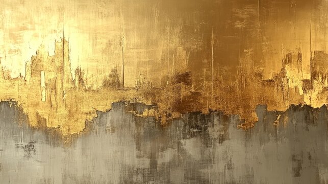 A golden and gray abstract painting with textured layers