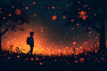 Naklejka premium Boy walks through autumnal forest at night