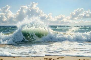 Fototapeta premium Powerful Crashing Waves on a Scenic Beach with Dramatic Sky in Tropical Ocean Landscape