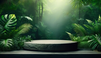 showcases a stone pedestal set within a lush, tropical jungle backdrop. Surrounded by vibrant green foliage and natural textures, the composition exudes a serene and organic ambiance.