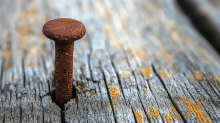 Rusty Nail on Weathered Wood Surface in Minimalist Composition