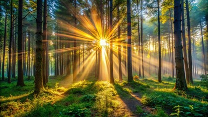 Obraz premium Magical Sun Rays Filtering Through Lush Forest Canopy - Long Exposure Photography