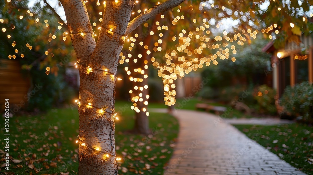Poster lit trees line a stone path through a garden