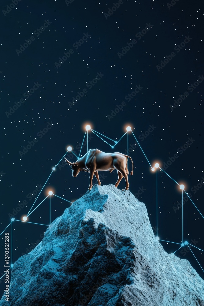 Poster a bull standing on a mountain peak with a graph showing exponential growth.