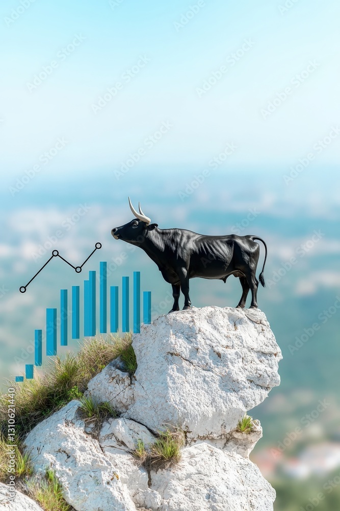 Poster a bull standing on a mountain peak with a graph showing exponential growth.