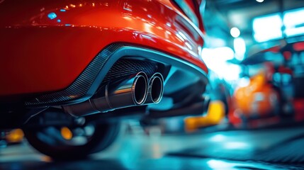 Close-up of a car's dual exhaust in a vibrant garage setting
