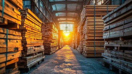 Lumberyard stacked wood planks, bright sunset light at the end of aisle