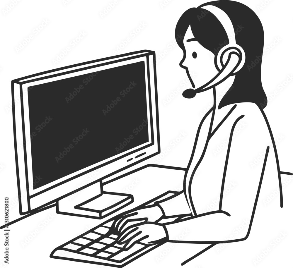 Aufkleber female customer service operator line drawing in front of a computer with a headset.