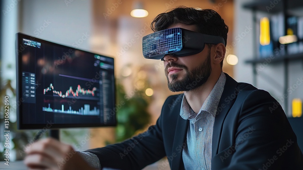 Poster businessman using augmented reality glasses for data analysis