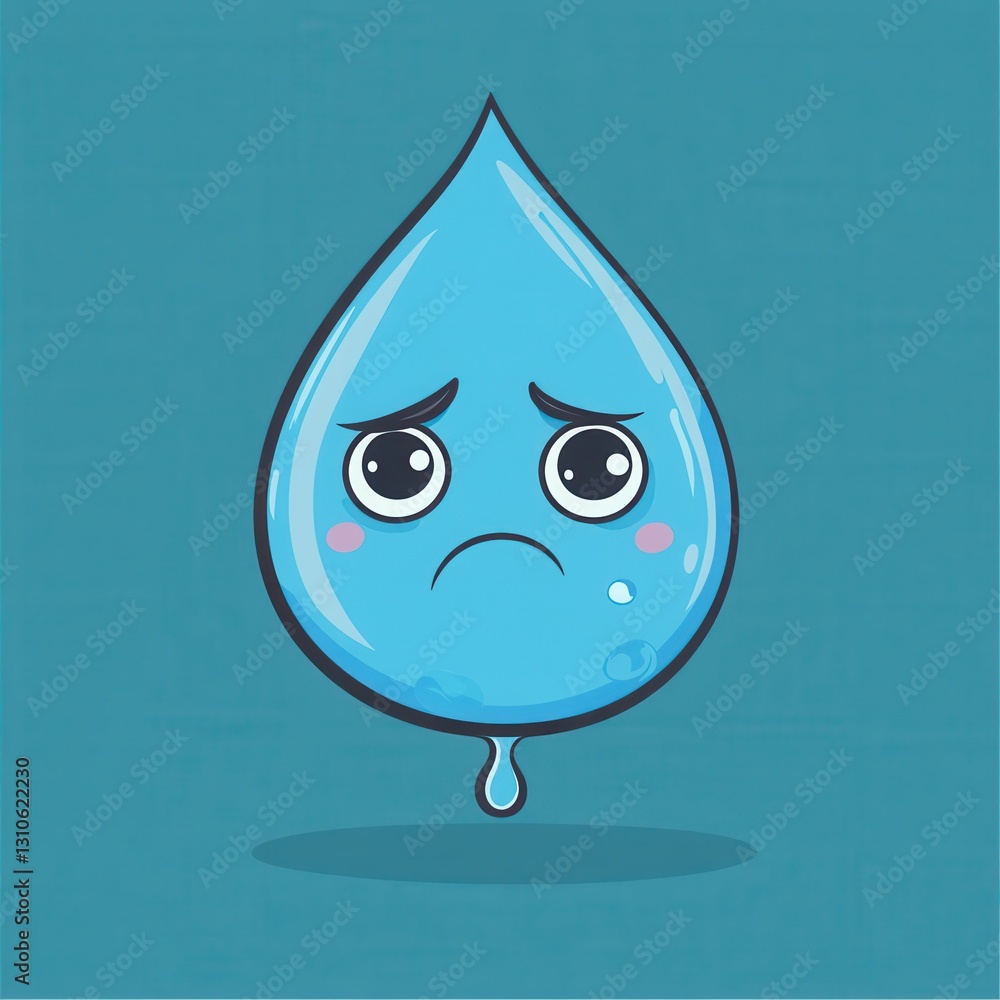 Aufkleber sad blue water drop character with eyes expressing emotion in simple art style