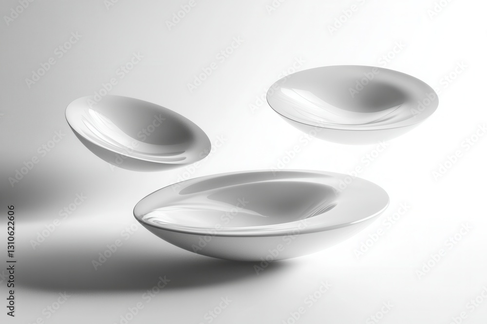 Poster Floating 3D shapes showcase minimalist design with soft shadows and elegant reflections on a white backdrop for a futuristic feel