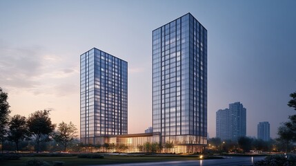 Obraz premium Modern Glass Skyscrapers at Dusk in City
