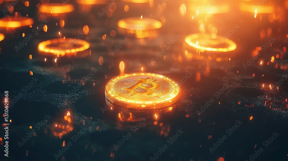 Poster glowing cryptocurrency coins with blockchain concept in dark background