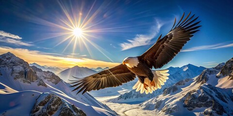 Obraz premium Majestic Bald Eagle Soaring Above Snowy Mountain Peaks Under a Brilliant Sun