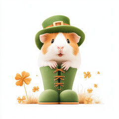 cute guinea pig wearing tiny leprechaun boot, surrounded by clovers and flowers, brings joyful and whimsical vibe to any setting