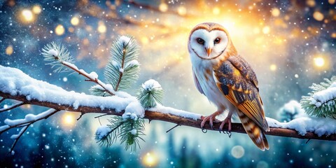 Majestic Barn Owl in Winter Wonderland: Double Exposure Snowfall & Bokeh Lights