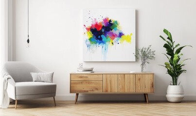 Colorful abstract painting on canvas above mid-century modern sideboard in minimalist living room.