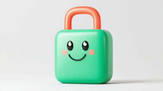 Cute Green Lock with Orange Handle and Smiling Face Design