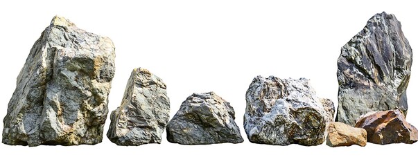 Large rock stones with rugged, natural textures and different formations, isolated on white background