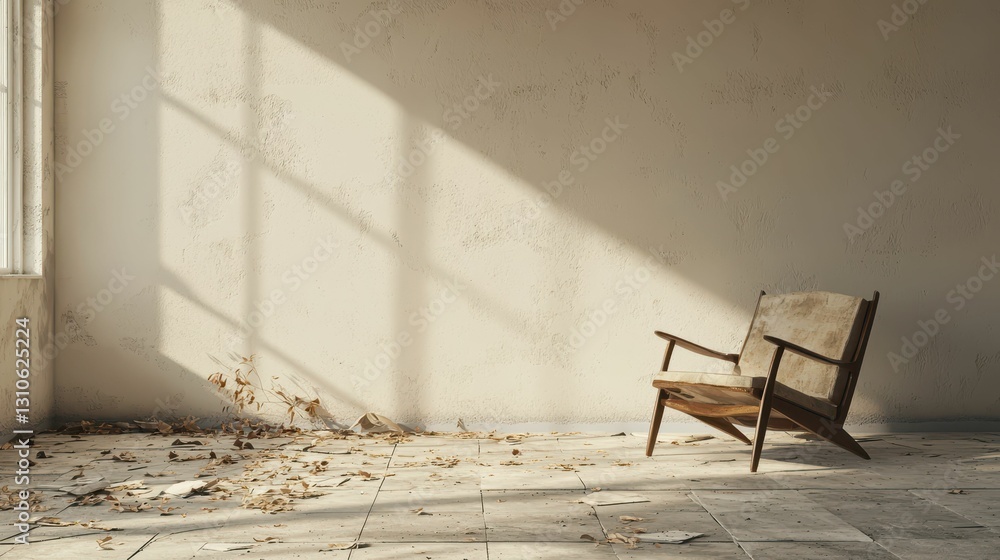 Poster minimalist scene of an empty room with subtle decay and light play