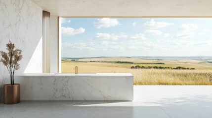 Minimalist and Serene Marble Interior with Expansive View