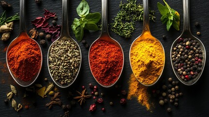 colorful spice mix in metal spoons, perfect for culinary art