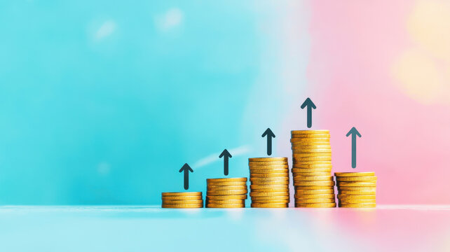 Increasing stacks of coins with upward arrows symbolize financial growth and success. vibrant background enhances visual appeal, making it ideal for financial themes